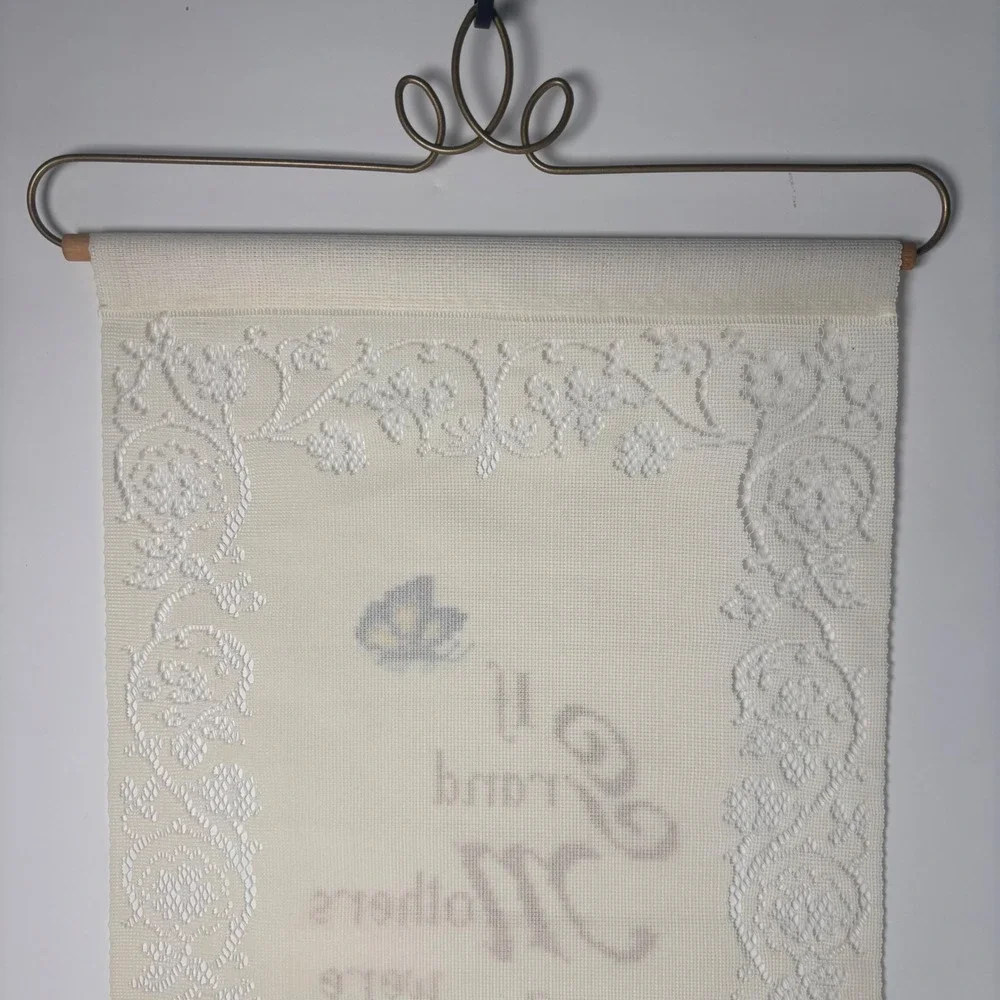 Vintage Cross‎ Stitch Style Wall Hanging OS Cream Grandmother Flower Lace Banner